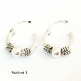 Thai Silver Retro Small Hoop Earrings With Beads Spiral Coils
