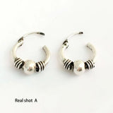 Thai Silver Retro Small Hoop Earrings With Beads Spiral Coils