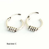 Thai Silver Retro Small Hoop Earrings With Beads Spiral Coils