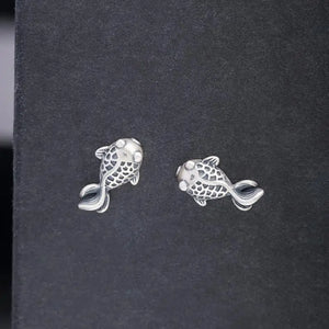 Thai Silver Small Goldfish Stud Earrings For Women Vintage Jewelry