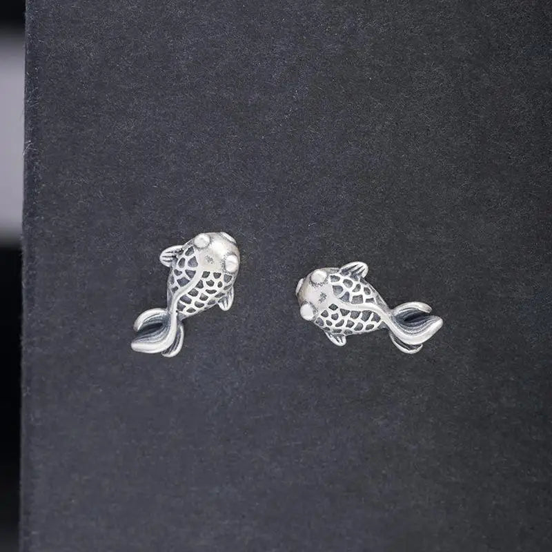 Thai Silver Small Goldfish Stud Earrings For Women Vintage Jewelry