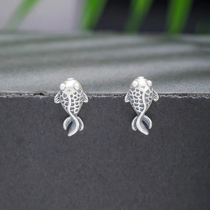 Thai Silver Small Goldfish Stud Earrings For Women Vintage Jewelry