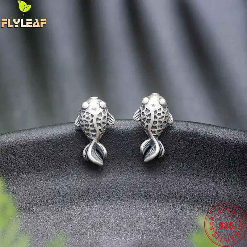 Thai Silver Small Goldfish Stud Earrings For Women Vintage Jewelry