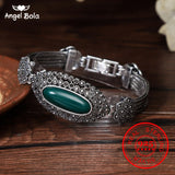 Thai Silver Oval Green Stone Crystal Bracelet 925 Sterling Silver