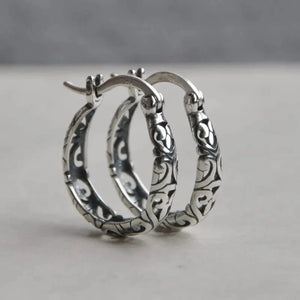 Thai Silver Ethnic Hollow Flowers Hoop Earrings for Women