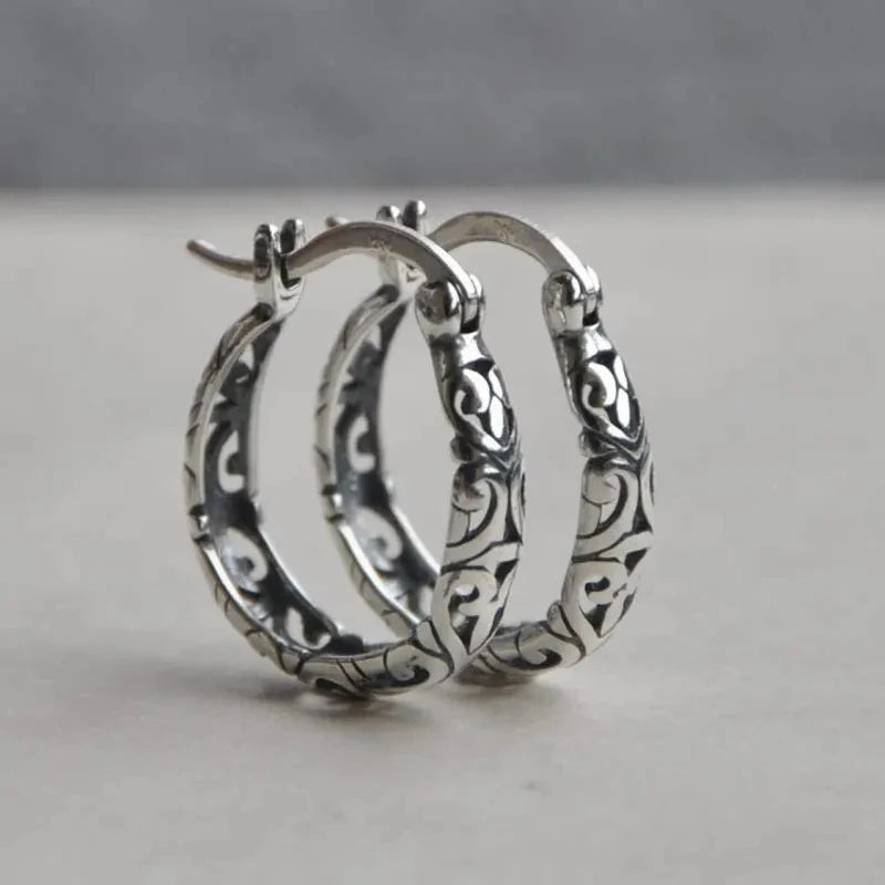Thai Silver Ethnic Hollow Flowers Hoop Earrings for Women