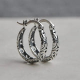 Thai Silver Ethnic Hollow Flowers Hoop Earrings for Women