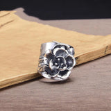 Thai Silver Peony Flower Wide Ring Adjustable Ethnic Wedding Jewelry