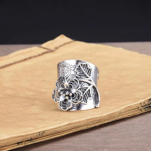 Thai Silver Peony Flower Wide Ring Adjustable Ethnic Wedding Jewelry