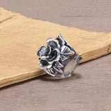 Thai Silver Peony Flower Wide Ring Adjustable Ethnic Wedding Jewelry