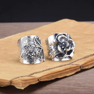 Thai Silver Peony Flower Wide Ring Adjustable Ethnic Wedding Jewelry