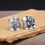 Thai Silver Peony Flower Wide Ring Adjustable Ethnic Wedding Jewelry