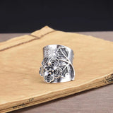 Thai Silver Peony Flower Wide Ring Adjustable Ethnic Wedding Jewelry