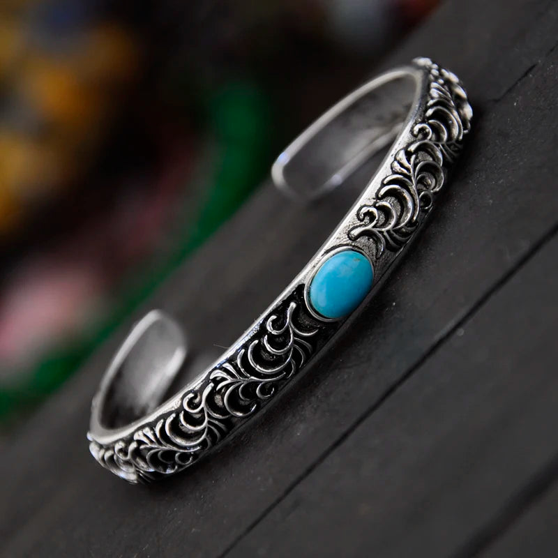 Thai Silver Rattan Bracelet Women's Hand Jewelry Flower Pattern Vintage Style