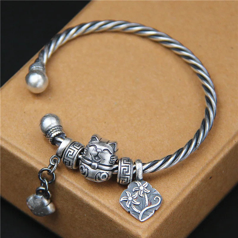 Thai Silver Retro Hemp Rope Round Bead Bracelet 999 Silver Pendant