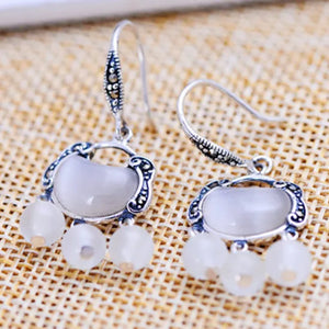 Thai Silver Opal Marcasite Earrings Retro Longevity Lock Pendant Earrings
