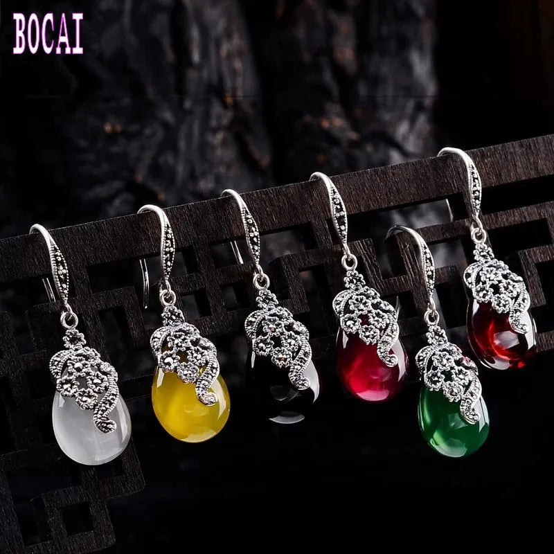 Thai Silver Opal Earrings S925 Sterling Silver Antique Drop Style