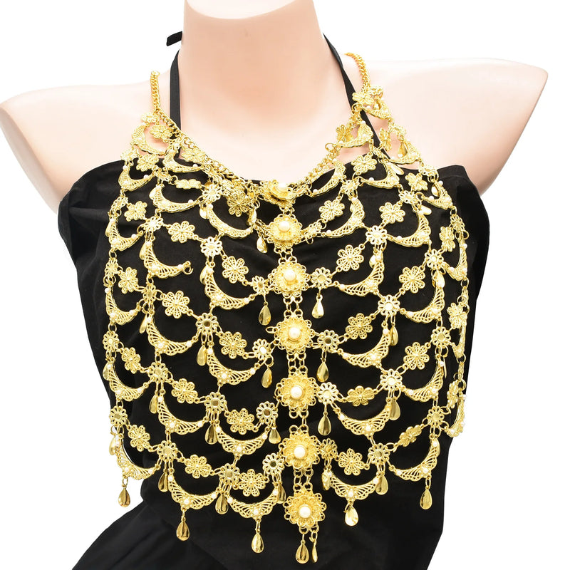 Indian Metal Hollow Flower Pearl Statement Necklace