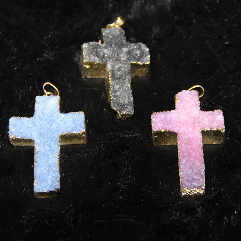 Plated Druzy Stone Cross Necklace Pendant 4pcs