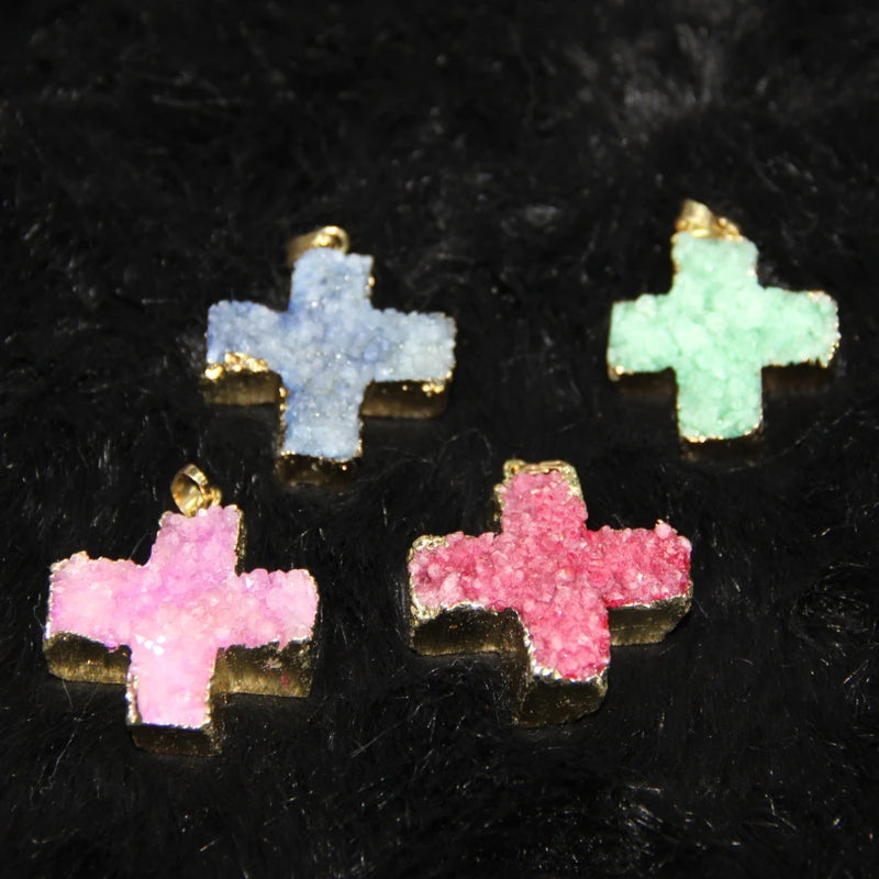Plated Druzy Stone Drusy Quartz Pendant Cross Necklace Pendant