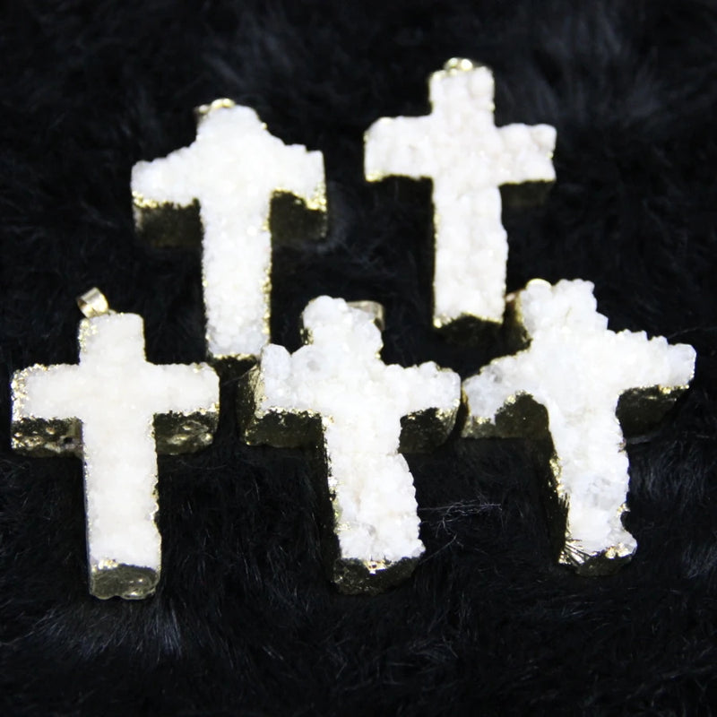 Plated Druzy Stone Drusy Quartz Cross Necklace Pendant 4pcs/lot
