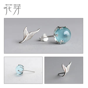 Mermaid Bubble Studs Earrings Crystal Seaweed Fish Tail S925 Silver
