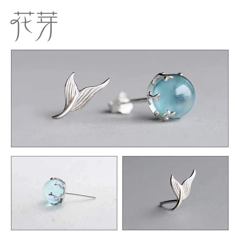 Mermaid Bubble Studs Earrings Crystal Seaweed Fish Tail S925 Silver