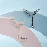 Silver 925 Crystal Wings Eardrop Clip On Earrings For Women Girl