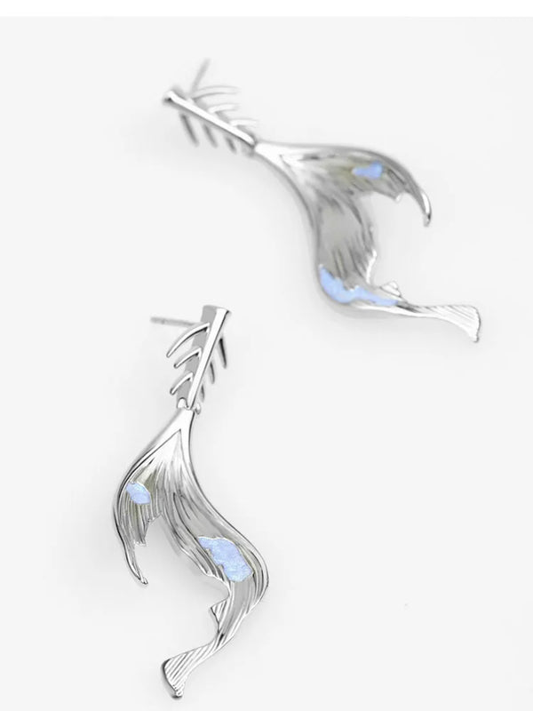 Silver Plated Fish Bone Stud Earrings for Women