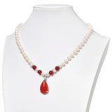 8-9mm Water Natural Pearl Necklace with Red Balls & Droplet Pendant