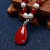 8-9mm Water Natural Pearl Necklace with Red Balls & Droplet Pendant
