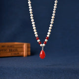 8-9mm Water Natural Pearl Necklace with Red Balls & Droplet Pendant