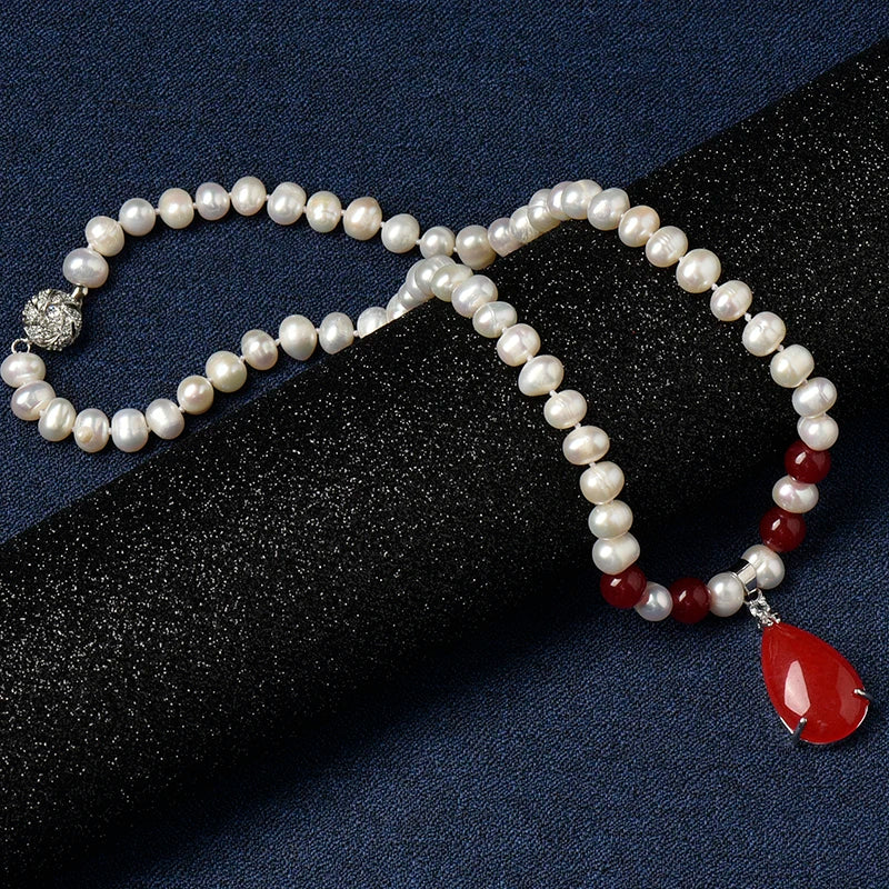 8-9mm Water Natural Pearl Necklace with Red Balls & Droplet Pendant