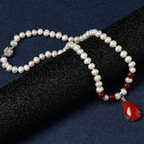 8-9mm Water Natural Pearl Necklace with Red Balls & Droplet Pendant