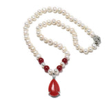 8-9mm Water Natural Pearl Necklace with Red Balls & Droplet Pendant