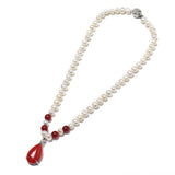 8-9mm Water Natural Pearl Necklace with Red Balls & Droplet Pendant
