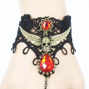 Gothic Skull Red Stones Lace Bracelet