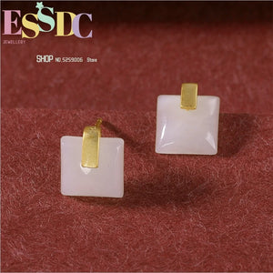 Gold-plated Hetian Jade Square Earrings