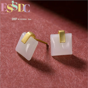Gold-plated Hetian Jade Square Earrings