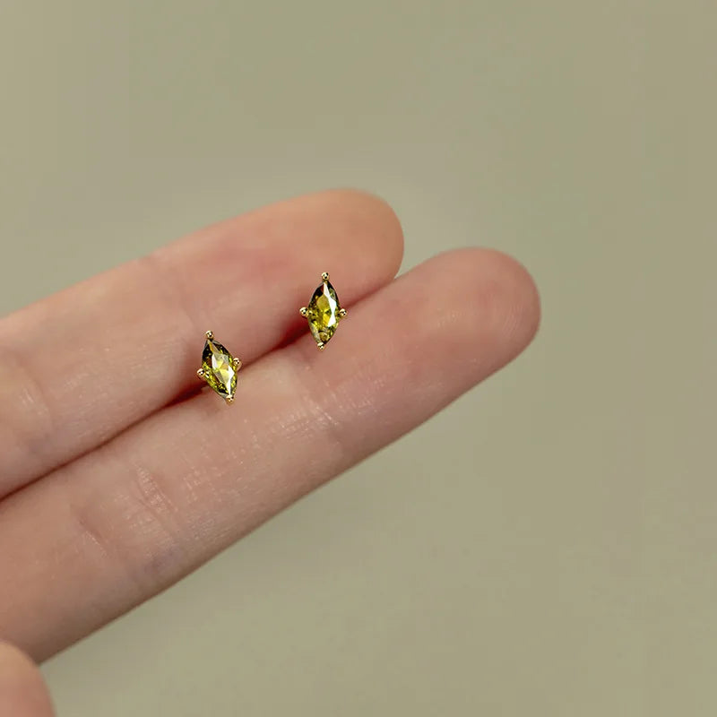 Green Zircon Horse Eye Earrings, Sterling Silver Plated, Small Fresh Design