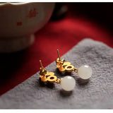 925 Silver Gold-plated Natural Hetian Jade Enamel Xiangyun Women Earrings