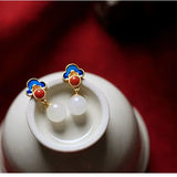 925 Silver Gold-plated Natural Hetian Jade Enamel Xiangyun Women Earrings