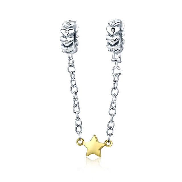 Silver Cat Dog Star Safety Chain Pendant Charm 925 Silver Bead Bangle