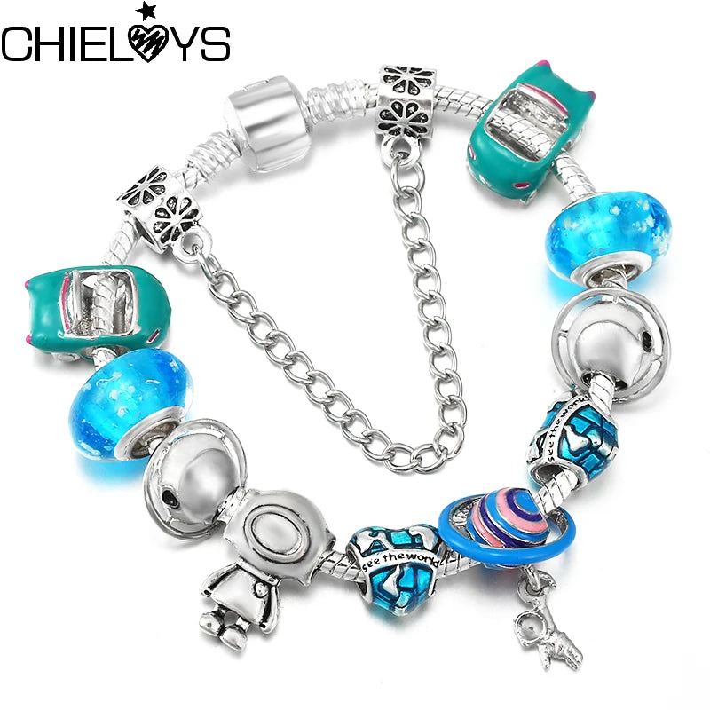 Vast Planet Astronauts Beads Bracelet Snake Chain Charm Women Jewelry Gift
