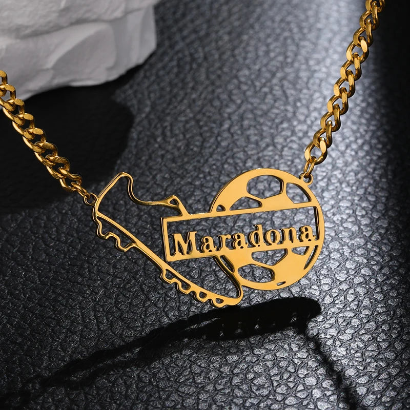 Football Name Necklace Stainless Steel Cuban Chain Soccer Fans Men Women