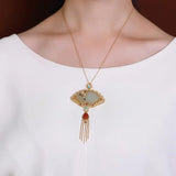 Designer Silver Inlaid Gilt Hetian Jade Fan Necklace Pendant