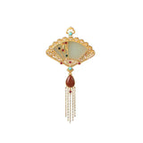 Designer Silver Inlaid Gilt Hetian Jade Fan Necklace Pendant