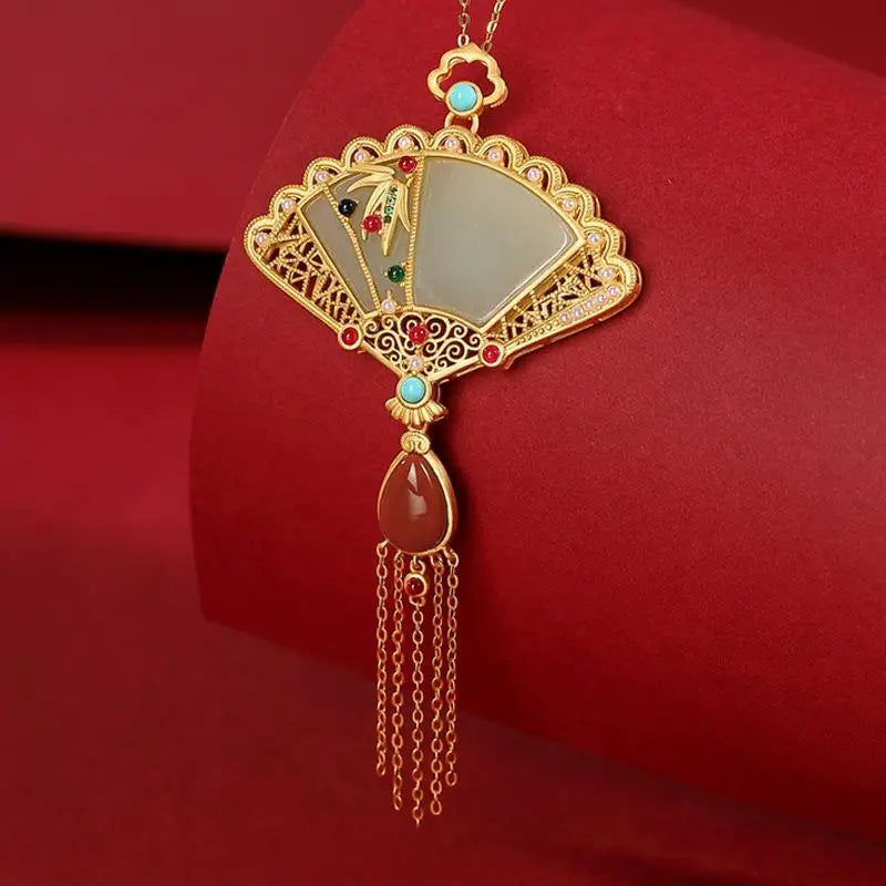 Designer Silver Inlaid Gilt Hetian Jade Fan Necklace Pendant