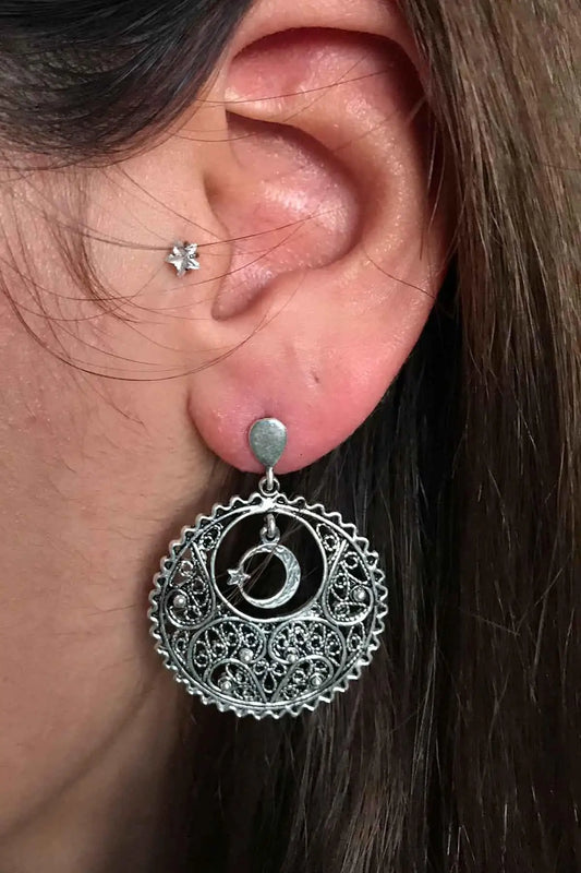 Moon & Stars Oxidized Filigree Silver Earrings