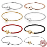 925 Silver Round Buckle Leather Bracelet for Charms DIY Jewelry